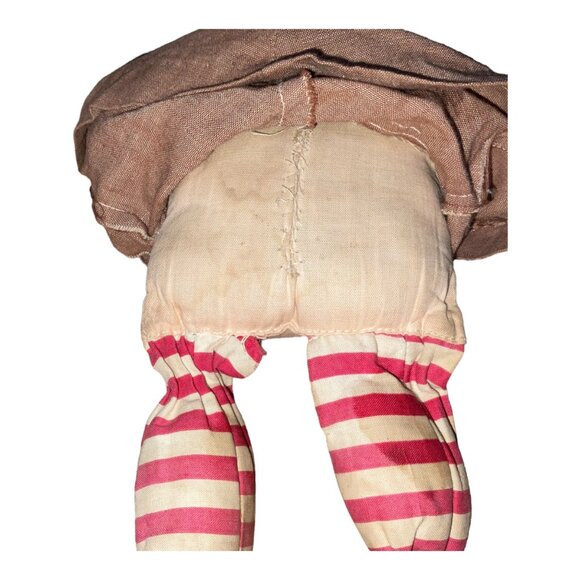 Antique Handmade Rag Doll With Brown Dress & Striped Legs - Picture 4 of 6